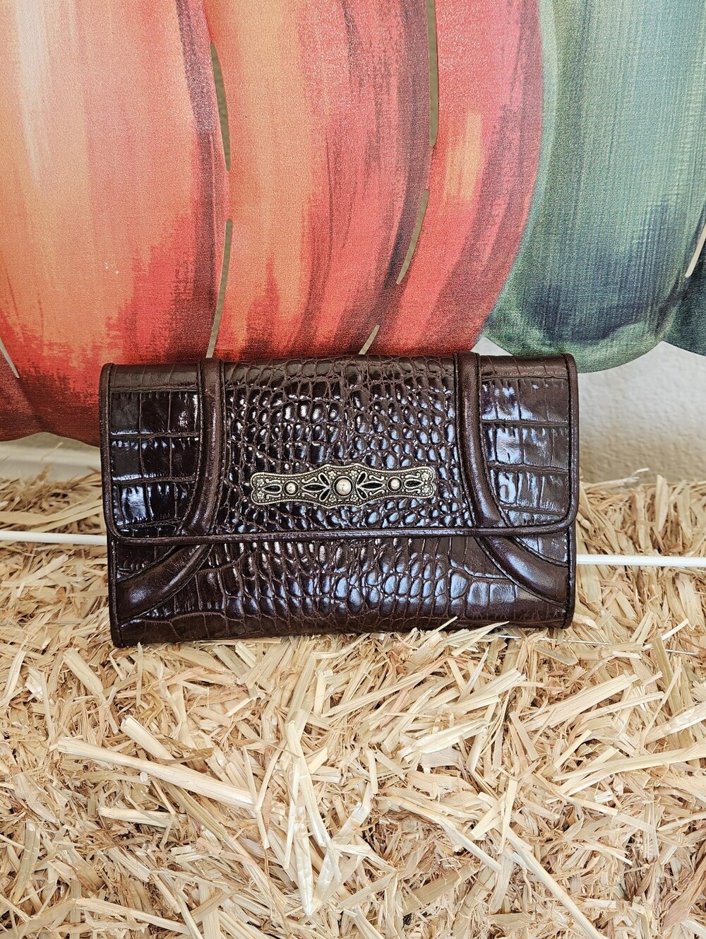 BrightonWomen's Brown Croc-Embossed Leather Clutch Or Wallet